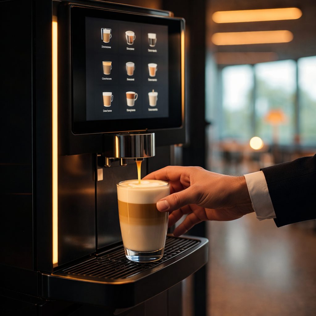 Hand reaching for a freshly brewed latte from a modern office coffee machine