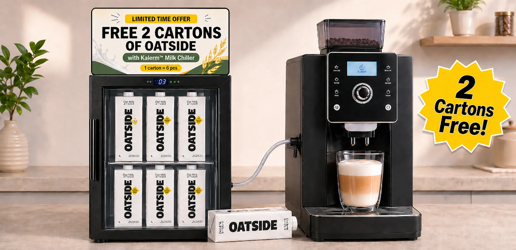 2 free cartons of Oatside Oat Milk with Kalerm Milk Chiller