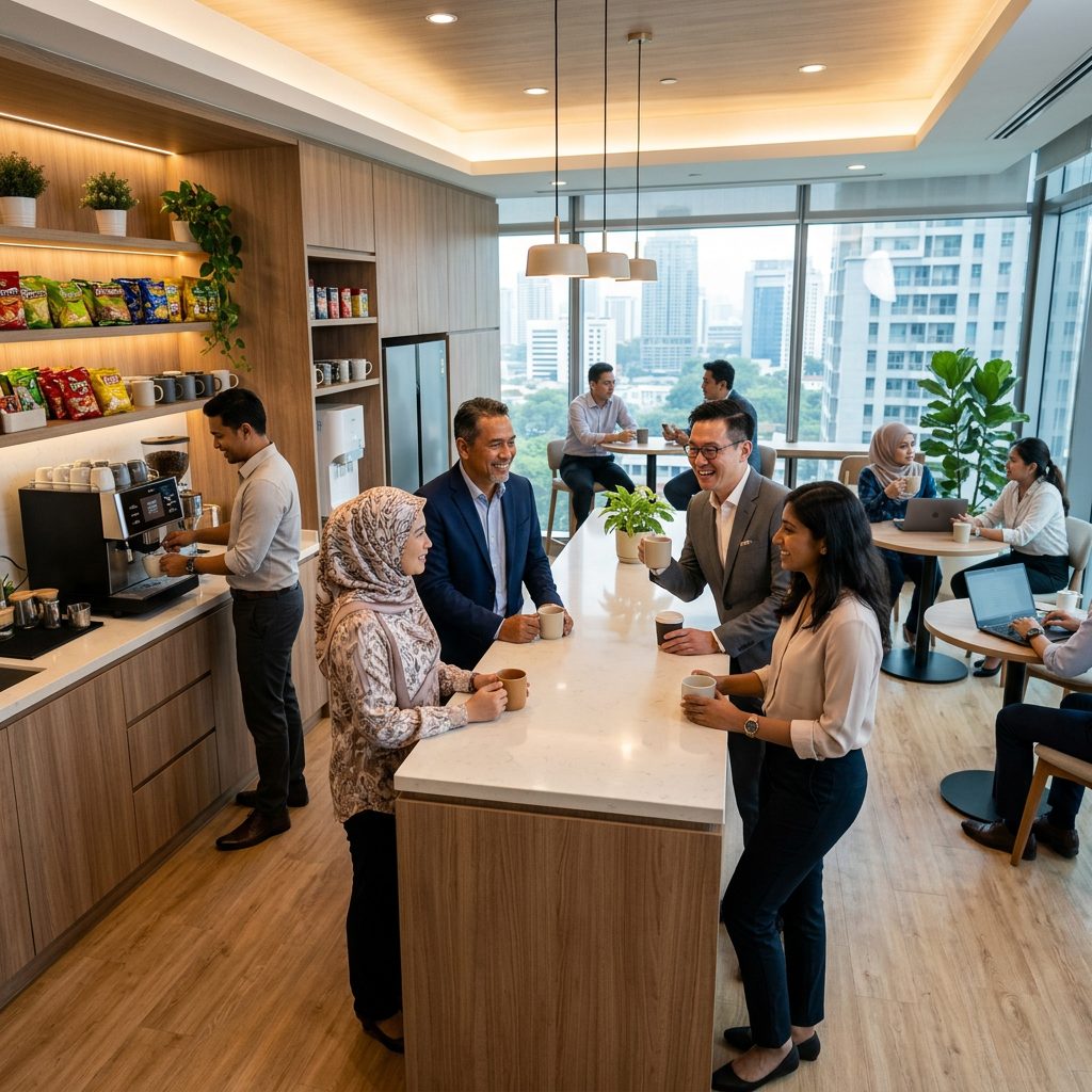 Malaysian office team smiling with coffee